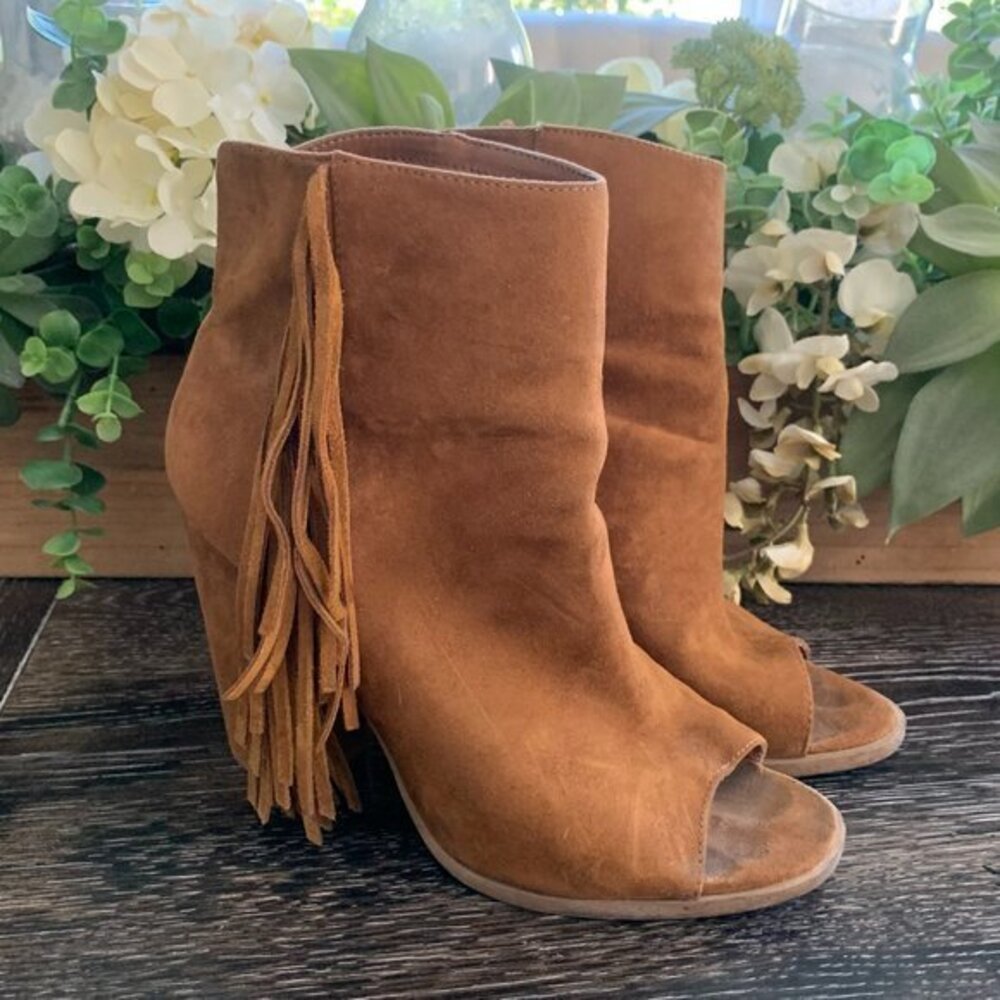 Dolce Vita Suede, Fringe, Heeled, Peep Toe Boots
